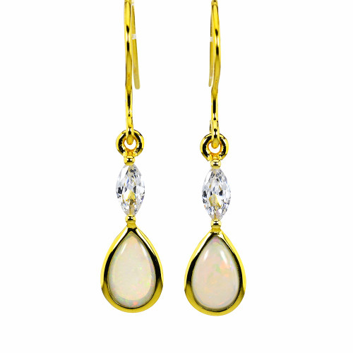 * WHITE GLOSS GOLD PLATED AUSTRALIAN WHITE OPAL DROP EARRINGS