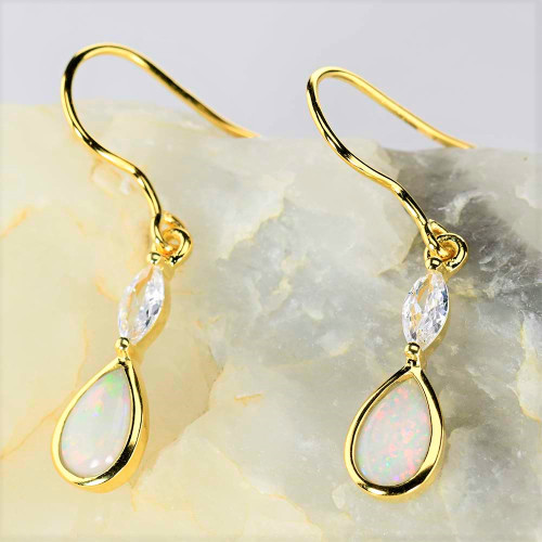 * WHITE GLOSS GOLD PLATED AUSTRALIAN WHITE OPAL DROP EARRINGS