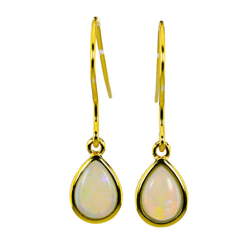 *A SUPREME GOLD PLATED AUSTRALIAN WHITE OPAL DROP EARRINGS