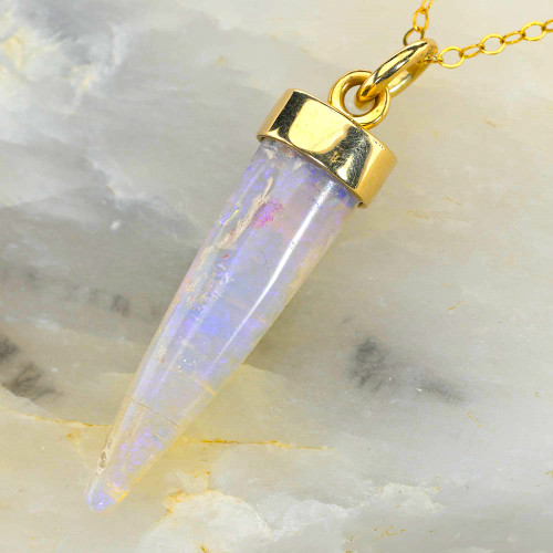 *SEA FULL BLISS 14KT YELLOW GOLD SOLID AUSTRALIAN OPAL BELEMNITE NECKLACE