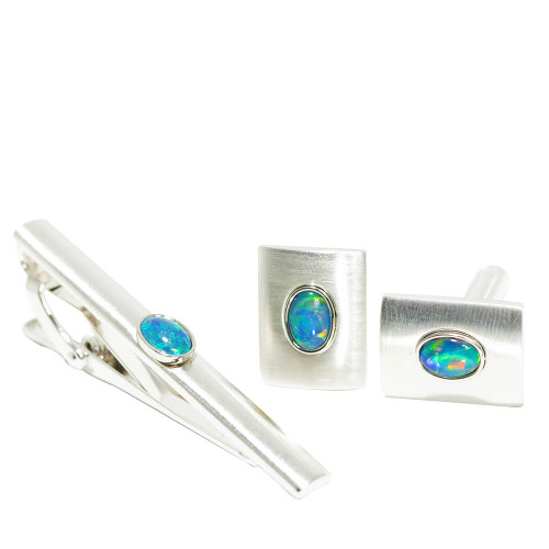 ELECTRIC ROYAL MEN'S OPAL JEWELLERY SET - OPAL CUFFLINGS & OPAL TIE BAR