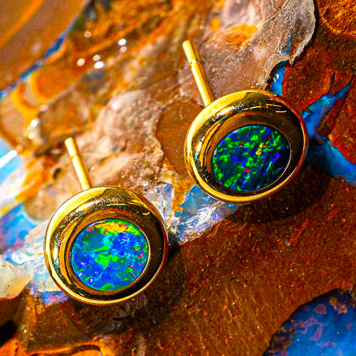 BLUSHING RADIANCE 14KT YELLOW GOLD AUSTRALIAN OPAL STUD EARRINGS