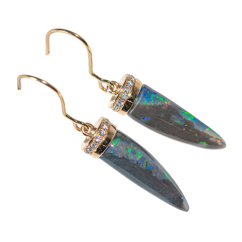 RAINBOW FOSSIL 14KT YELLOW GOLD & DIAMOND AUSTRALIAN BLACK OPAL DROP EARRINGS