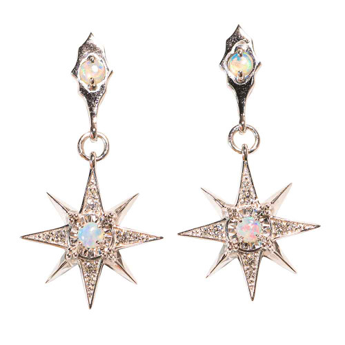 A NORTH STARS 14KT WHITE GOLD & DIAMOND AUSTRALIAN WHITE OPAL DROP EARRINGS