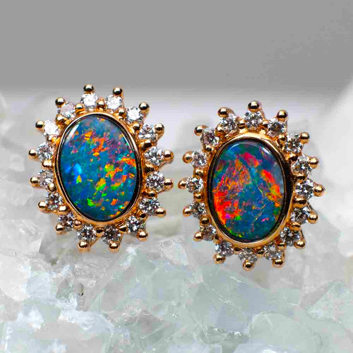 * 1 BRIGHT SUMMER PARADISE 14KT ROSE GOLD & DIAMOND AUSTRALIAN OPAL STUD EARRINGS