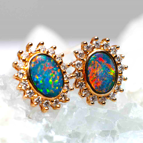 * 1 BRIGHT SUMMER PARADISE 14KT ROSE GOLD & DIAMOND AUSTRALIAN OPAL STUD EARRINGS