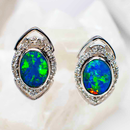 1 EYE OF MYSTERY 14KT WHITE GOLD & DIAMOND AUSTRALIAN OPAL EARRINGS