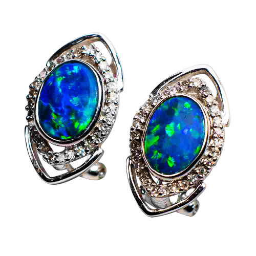 1 EYE OF MYSTERY 14KT WHITE GOLD & DIAMOND AUSTRALIAN OPAL EARRINGS