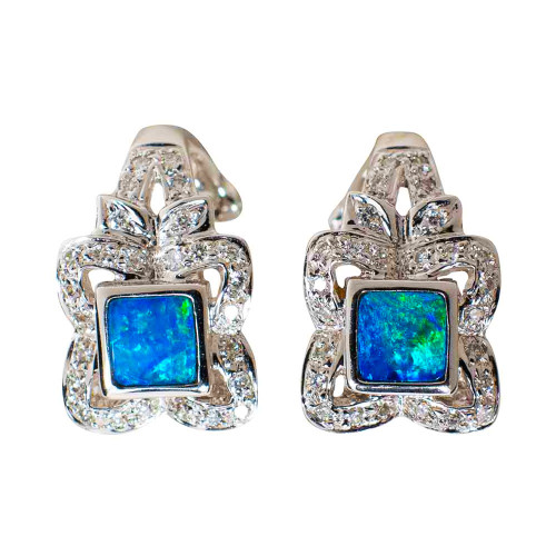 * A FLOWER GLAMOUR 14KT WHITE GOLD & DIAMOND AUSTRALIAN OPAL EARRINGS