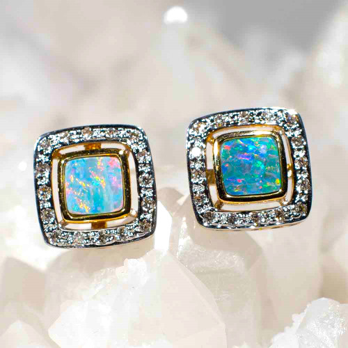 * ANGELIC AURA 14KT GOLD & DIAMOND AUSTRALIAN OPAL EARRINGS