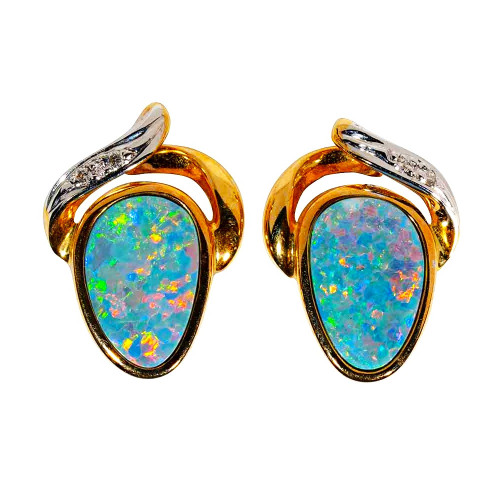 * 1 ABSTRACT ABLAZE 14KT GOLD & DIAMOND AUSTRALIAN OPAL EARRINGS