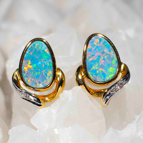 * 1 ABSTRACT ABLAZE 14KT GOLD & DIAMOND AUSTRALIAN OPAL EARRINGS