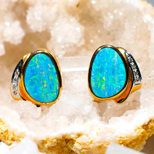 DAZZLING DELIGHT 14KT GOLD & DIAMOND AUSTRALIAN OPAL EARRINGS