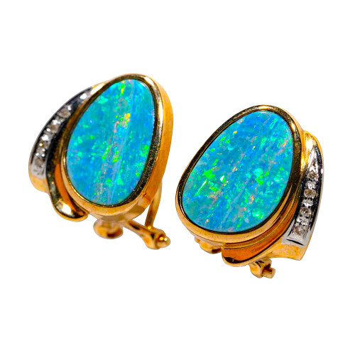 DAZZLING DELIGHT 14KT GOLD & DIAMOND AUSTRALIAN OPAL EARRINGS