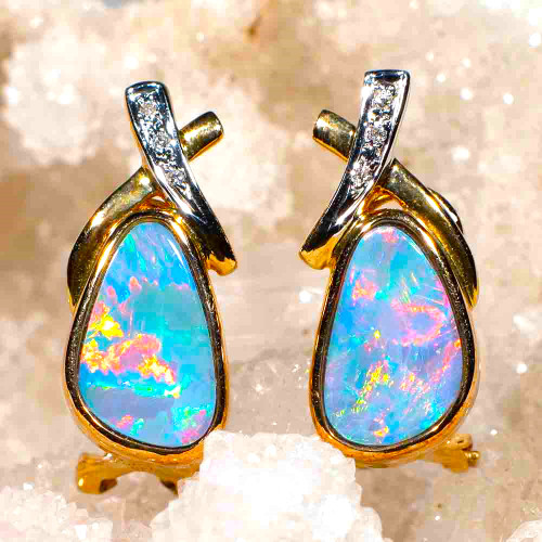 * 1 CHROMA 14KT GOLD & DIAMOND AUSTRALIAN OPAL EARRINGS