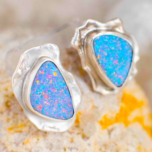 * A RAINBOW SLIDE STERLING SILVER OPAL EARRINGS