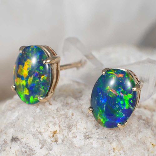 *BRIGHTEST FLASH 14KT YELLOW GOLD AUSTRALIAN OPAL STUD EARRINGS