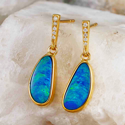 *   1 CHROMAVIVE 14KT YELLOW GOLD & DIAMOND AUSTRALIAN OPAL DROP EARRINGS