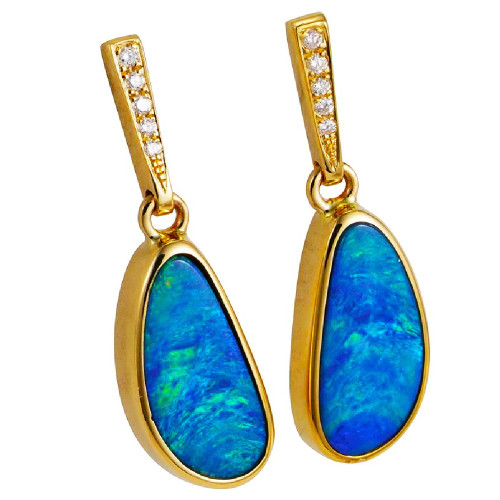 *   1 CHROMAVIVE 14KT YELLOW GOLD & DIAMOND AUSTRALIAN OPAL DROP EARRINGS