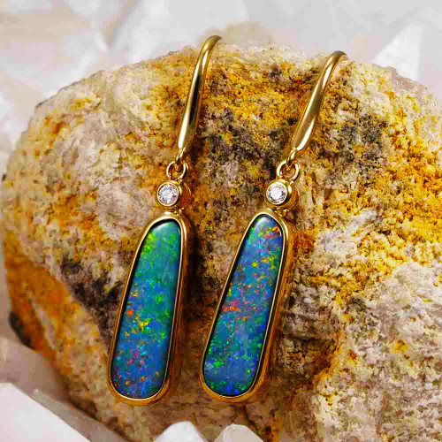 * 1 DAZZLENOVA 14KT YELLOW GOLD AUSTRALIAN OPAL DROP EARRINGS