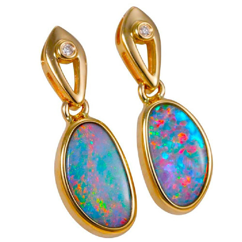 * 1 CHROMACREST 14KT YELLOW GOLD & DIAMOND AUSTRALIAN OPAL DROP EARRINGS