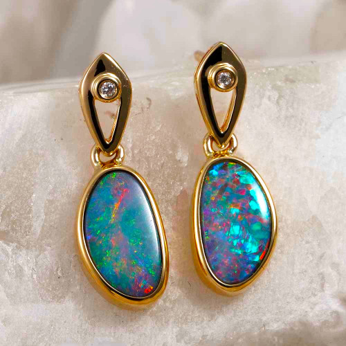 * 1 CHROMACREST 14KT YELLOW GOLD & DIAMOND AUSTRALIAN OPAL DROP EARRINGS