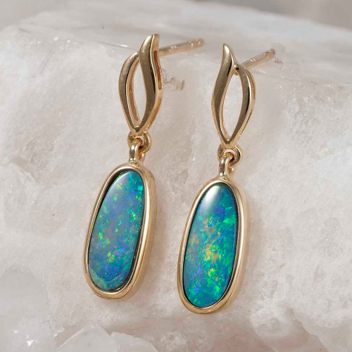 GLITTERGLAZE YELLOW GOLD & DIAMOND AUSTRALIAN OPAL DROP EARRINGS