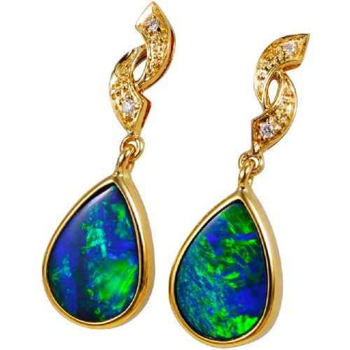 A LUMIGEM  YELLOW GOLD & DIAMOND AUSTRALIAN OPAL DROP EARRINGS