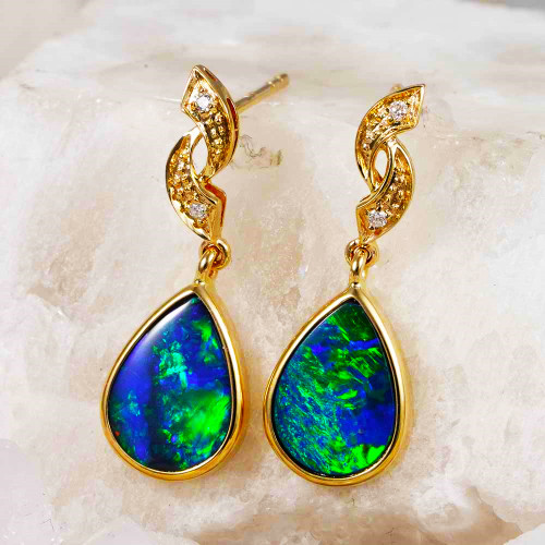 A LUMIGEM  YELLOW GOLD & DIAMOND AUSTRALIAN OPAL DROP EARRINGS