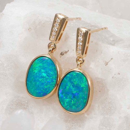 *  AVI 14KT YELLOW GOLD  AUSTRALIAN OPAL DROP EARRINGS