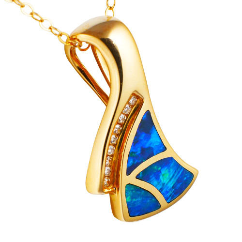 * A GOLDEN SAIL 14KT YELLOW GOLD & DIAMOND AUSTRALIAN OPAL NECKLACE