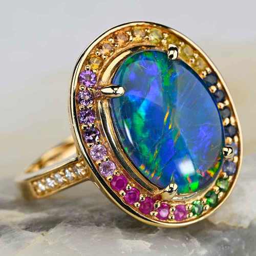 * 1 CHERRY ON TOP 14KT YELLOW GOLD & DIAMOND AUSTRALIAN OPAL RING