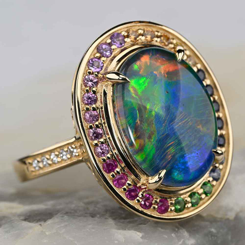 CANDIED CONFETTI 14KT YELLOW GOLD & DIAMOND AUSTRALIAN OPAL RING