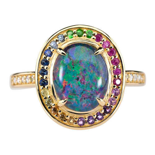 CAROUSEL CANE 14KT YELLOW GOLD & DIAMOND AUSTRALIAN OPAL RING