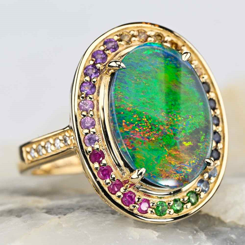 * SPARKLING BLISS 14KT YELLOW GOLD & DIAMOND AUSTRALIAN OPAL RING