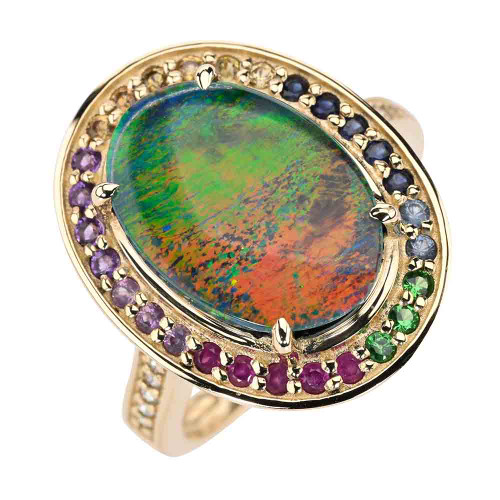 * SPARKLING BLISS 14KT YELLOW GOLD & DIAMOND AUSTRALIAN OPAL RING