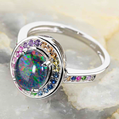 * 1 RAINBOW PARADE STERLING SILVER AUSTRALIAN OPAL RING