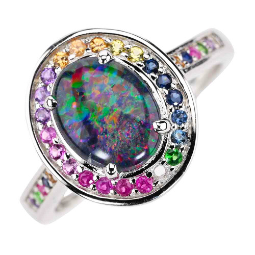 * 1 RAINBOW PARADE STERLING SILVER AUSTRALIAN OPAL RING