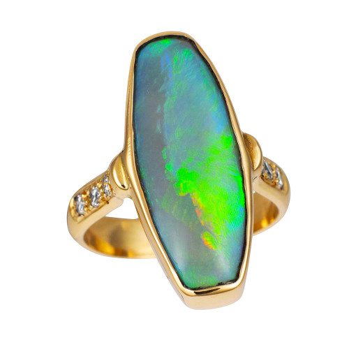 * 1 MINE LIGHT 14KT YELLOW GOLD & DIAMOND AUSTRALIAN OPAL RING