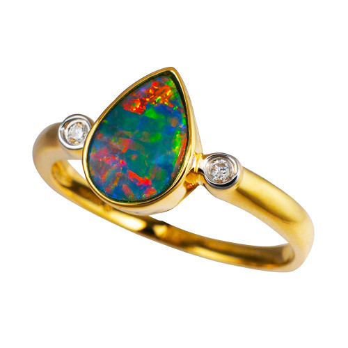 * 1 RAINBOW TEARDROP 14KT YELLOW GOLD & DIAMOND AUSTRALIAN OPAL RING