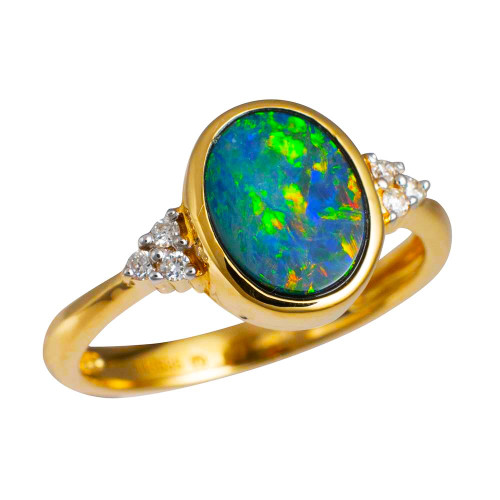 * 1 RASPBERRY BERET 14KT YELLOW GOLD & DIAMOND AUSTRALIAN OPAL RING