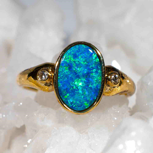 * 1 HAUTE HEIRLOOMS 14KT GOLD & DIAMOND AUSTRALIAN OPAL RING