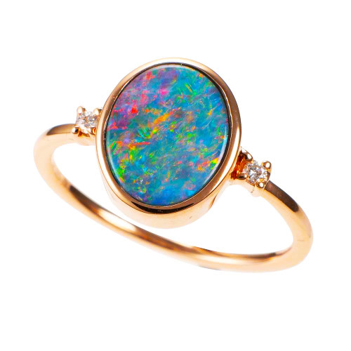 * A  SPARKLING OASIS 14KT ROSE GOLD & DIAMOND AUSTRALIAN OPAL RING