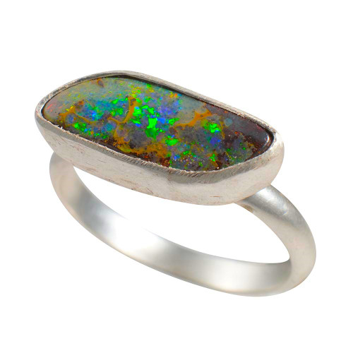 *COLORS IN THE STONE STERLING SILVER AUSTRALIAN BOULDER OPAL RING