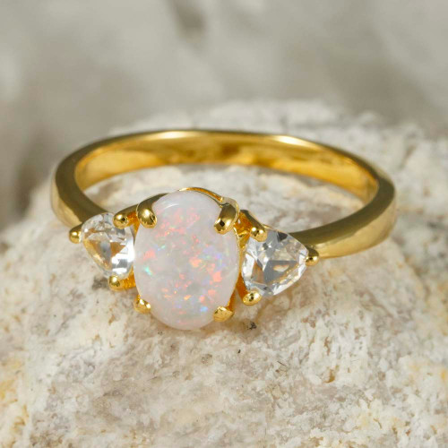 * SOPHIA 18KT YELLOW GOLD PLATED & TOPAZ AUSTRALIAN WHITE OPAL RING