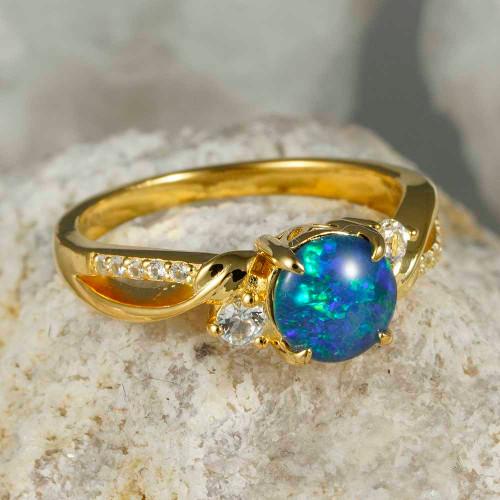 *  GAVI 18KT YELLOW GOLD PLATED & CUBIC ZIRCONIA AUSTRALIAN OPAL RING