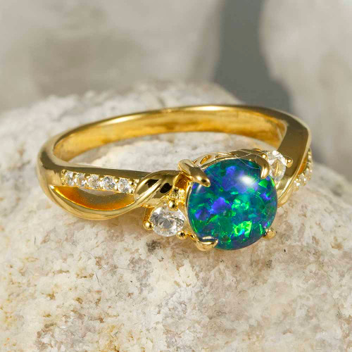   *    CLAVEL 18KT YELLOW GOLD PLATED & CUBIC ZIRCONIA AUSTRALIAN OPAL RING