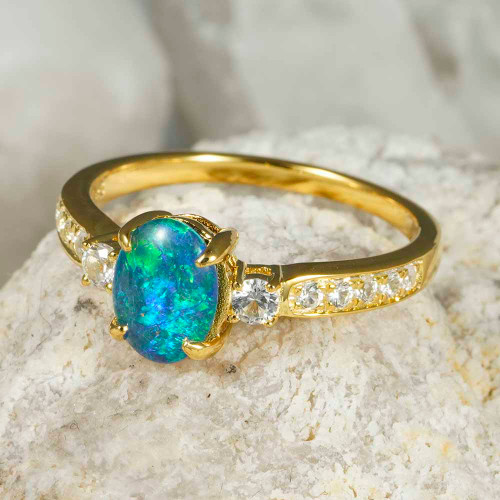   *    ALONDRA 18KT YELLOW GOLD PLATED & CUBIC ZIRCONIA AUSTRALIAN OPAL RING