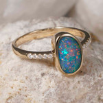   *    A  COLOR CASCADE 14KT YELLOW GOLD & DIAMOND AUSTRALIAN OPAL RING