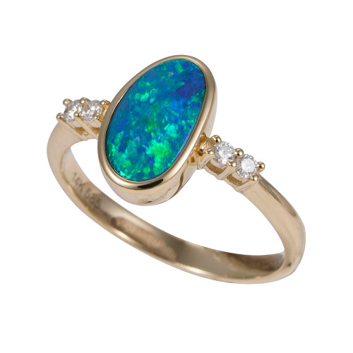   *    IRIDESCENT WATER 14KT YELLOW GOLD & DIAMOND AUSTRALIAN OPAL RING